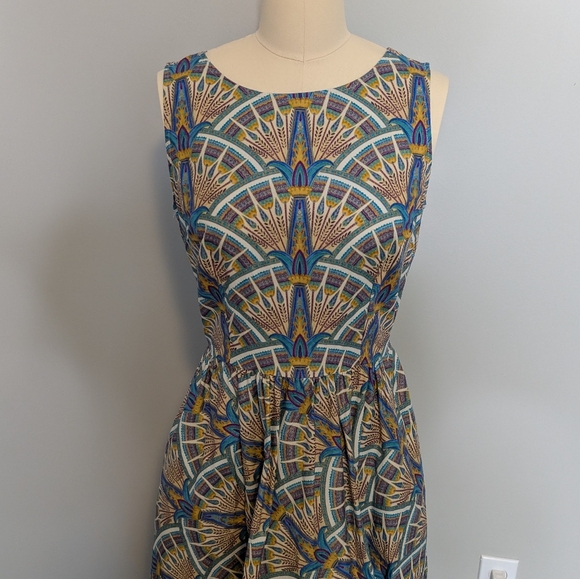Retro Licious Cotton Geometric Pattern Fitflare A Line Midi Vintage Dress Medium - Picture 9 of 11